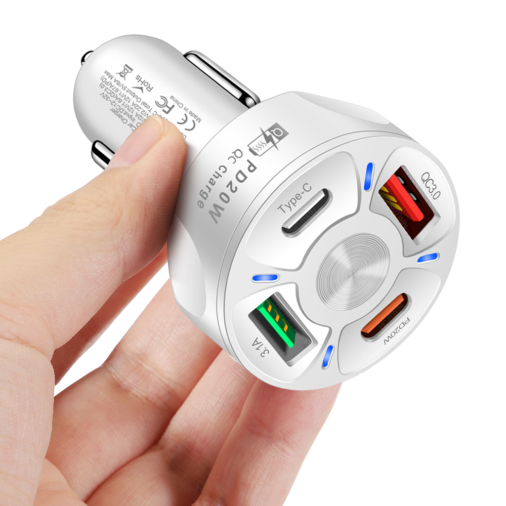 4-port Car Charger Kit Dual USB Dual QC3.0 PD 20W Type-C Fast Charger Car Cigarette Lighter