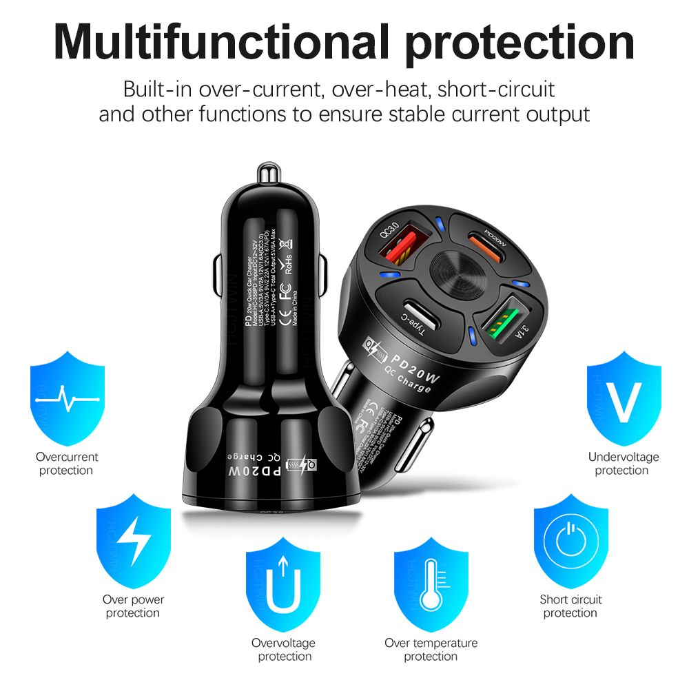 4-port Car Charger Kit Dual USB Dual QC3.0 PD 20W Type-C Fast Charger Car Cigarette Lighter