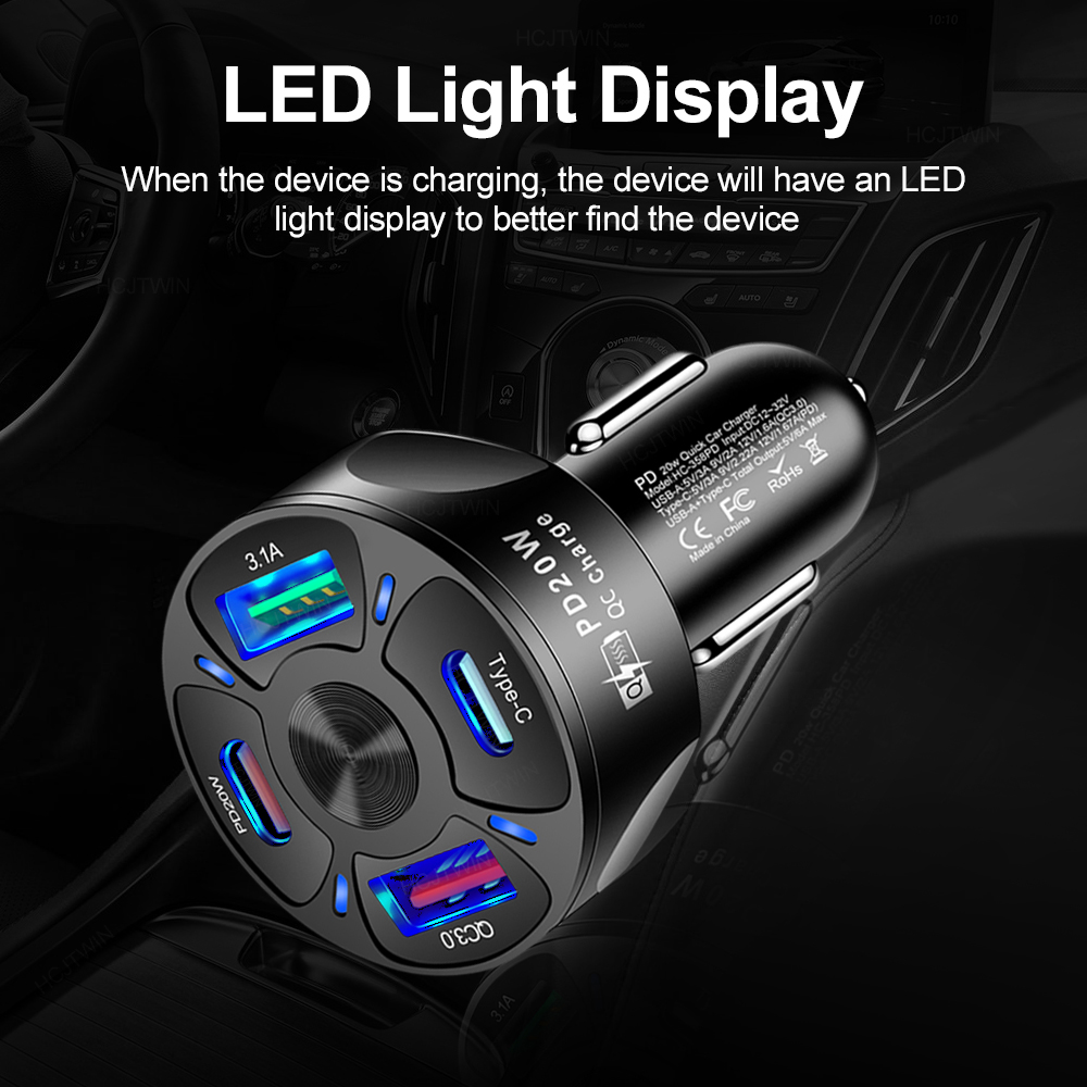 4-port Car Charger Kit Dual USB Dual QC3.0 PD 20W Type-C Fast Charger Car Cigarette Lighter