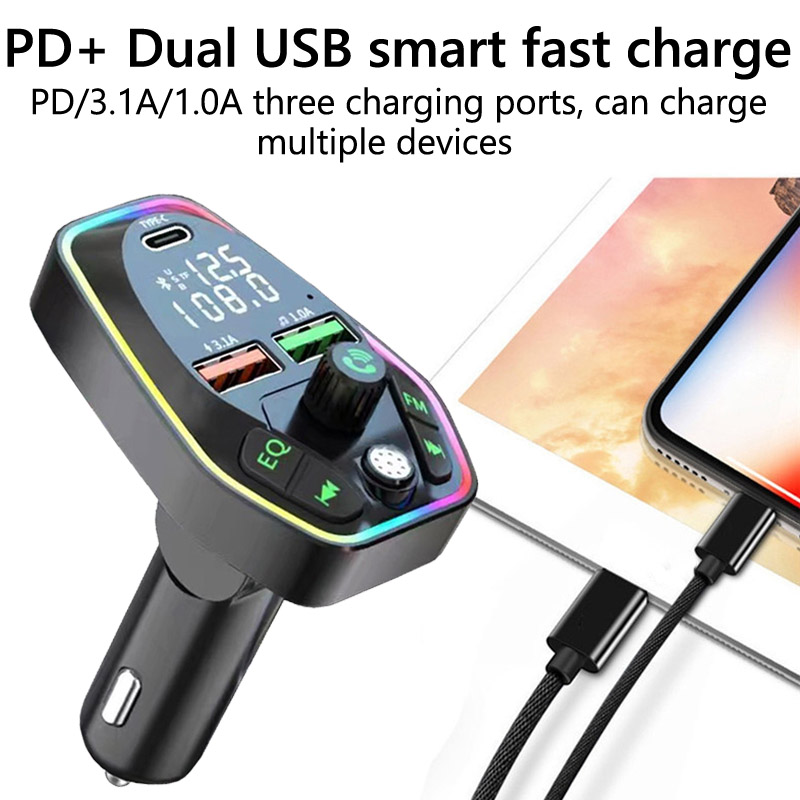 Bluetooth 5.0 Wireless FM Transmitter Dual Display Type C PD 20W 3.1A Fast Charging Dual USB Charger Handsfree Car Kit