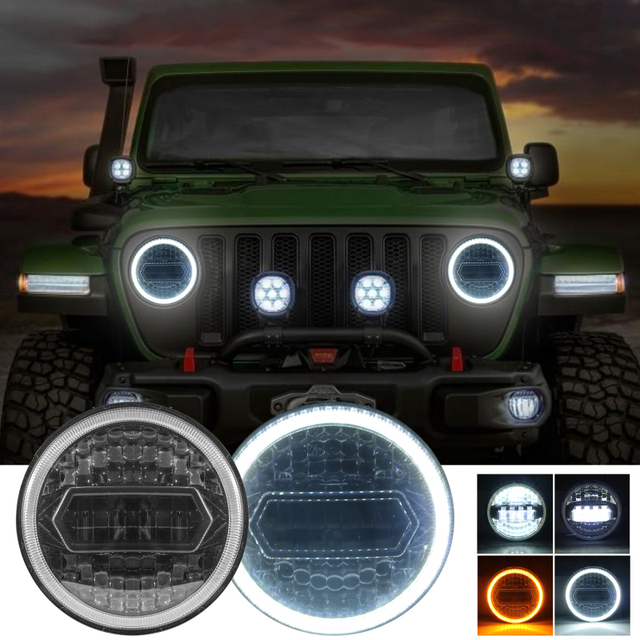 1PC/7 Inch LED Halo Headlights With Turn Signal Amber White DRL Compatible With Jeep Wrangler JK Headlamp-Black Car Headlight Bulbs