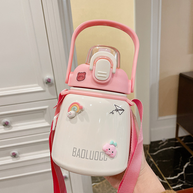 Big Belly Thermos Cup Cold Cup Large Capacity Female High-value Student Water Cup with Straw Cute Portable Strap Kettle