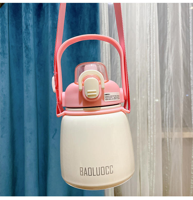 Big Belly Thermos Cup Cold Cup Large Capacity Female High-value Student Water Cup with Straw Cute Portable Strap Kettle