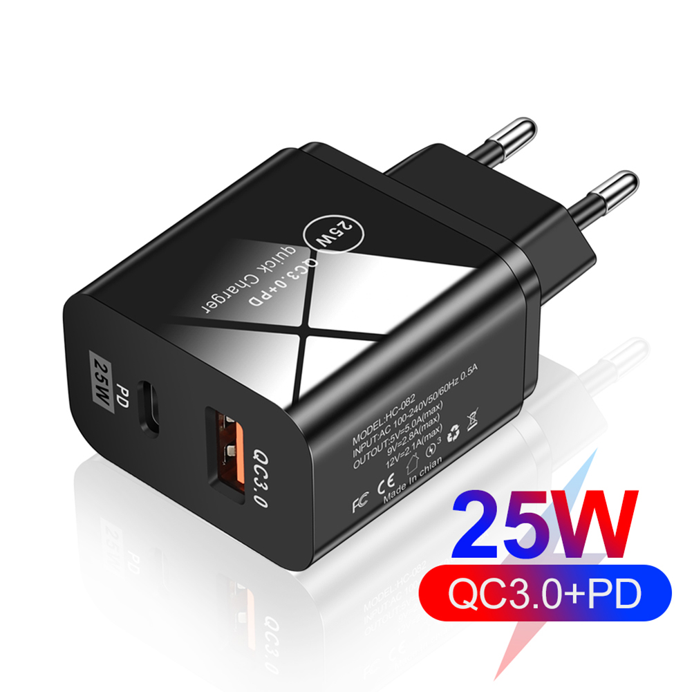 25W QC3.0+PD Dual Port Type-C Phone Fast Charger Universal Charging Head Adapter Smartphone Power Supply Accessory