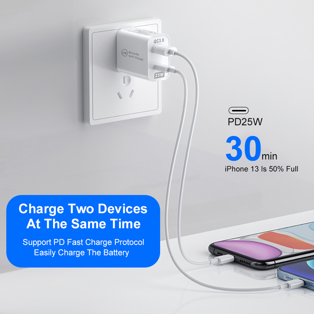 25W QC3.0+PD Dual Port Type-C Phone Fast Charger Universal Charging Head Adapter Smartphone Power Supply Accessory