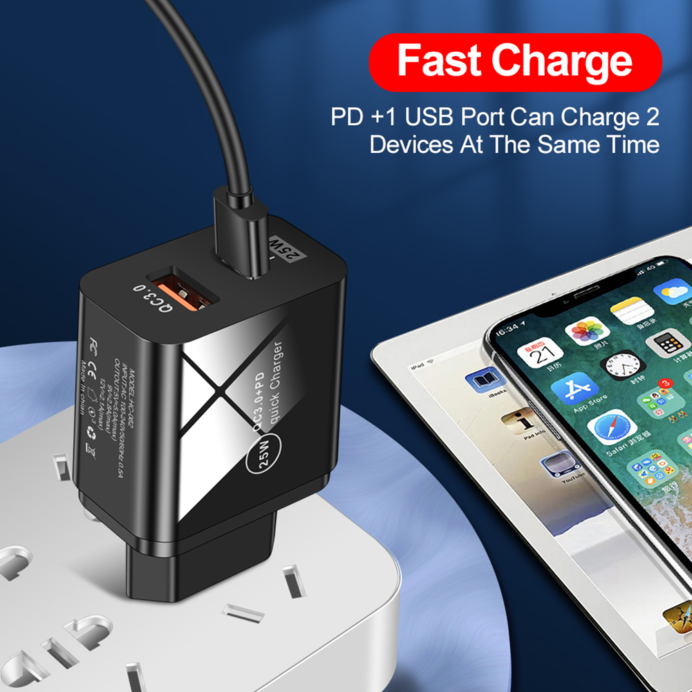 25W QC3.0+PD Dual Port Type-C Phone Fast Charger Universal Charging Head Adapter Smartphone Power Supply Accessory
