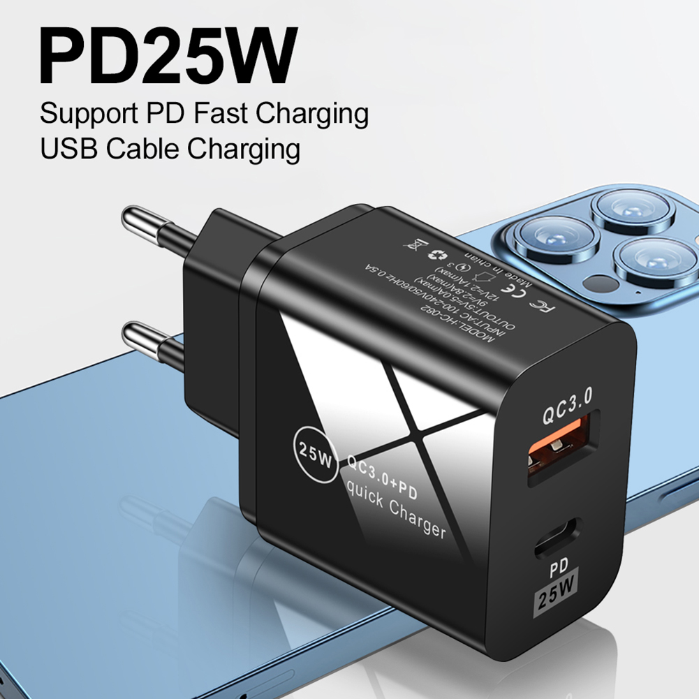 25W QC3.0+PD Dual Port Type-C Phone Fast Charger Universal Charging Head Adapter Smartphone Power Supply Accessory