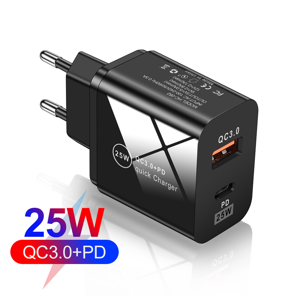 25W QC3.0+PD Dual Port Type-C Phone Fast Charger Universal Charging Head Adapter Smartphone Power Supply Accessory