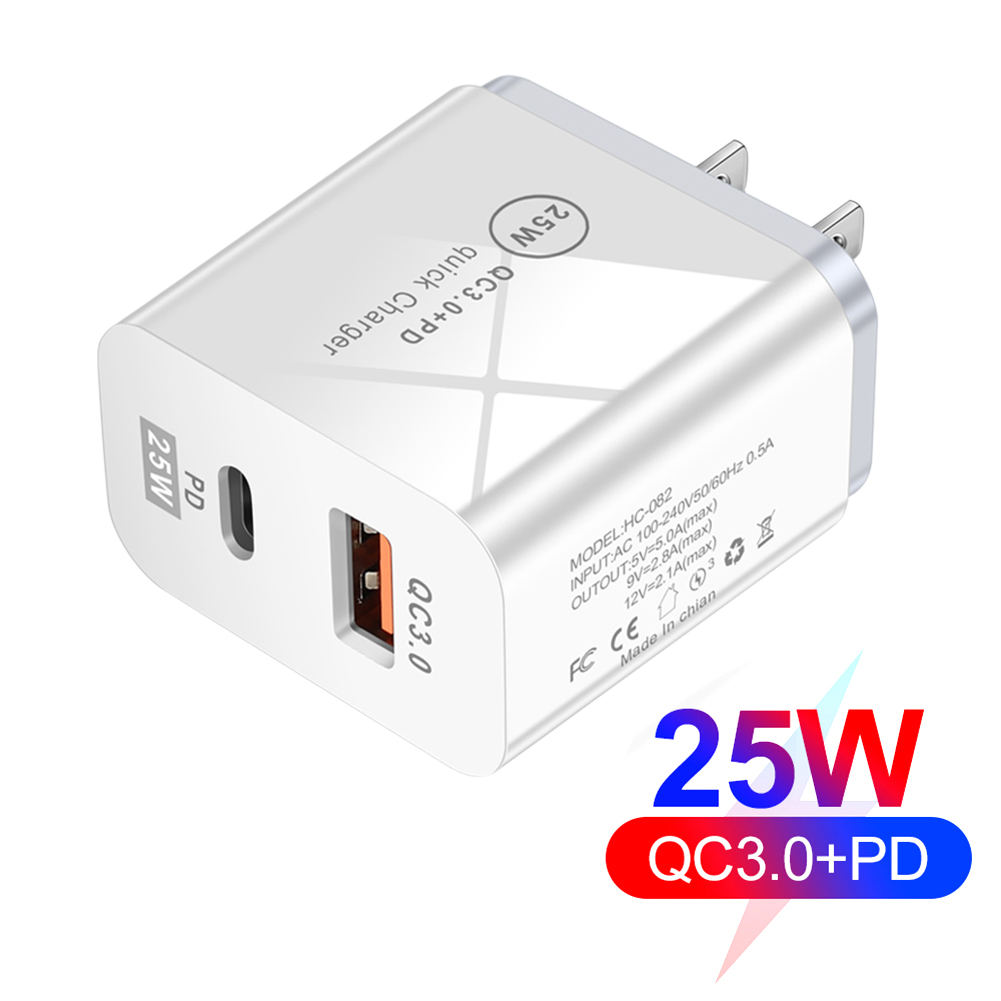 25W QC3.0+PD Dual Port Type-C Phone Fast Charger Universal Charging Head Adapter Smartphone Power Supply Accessory
