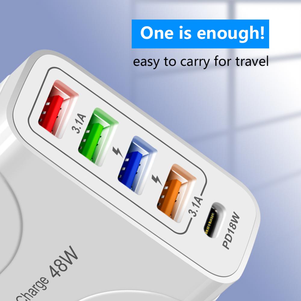 Type-c 48W Five-in-one Mobile Phone Charger 4 USB+PD Tablet Charging Head Quick Charge Technology Multi-Device Charging Head
