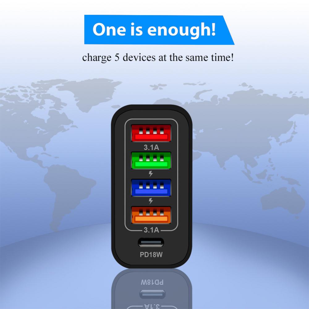 Type-c 48W Five-in-one Mobile Phone Charger 4 USB+PD Tablet Charging Head Quick Charge Technology Multi-Device Charging Head
