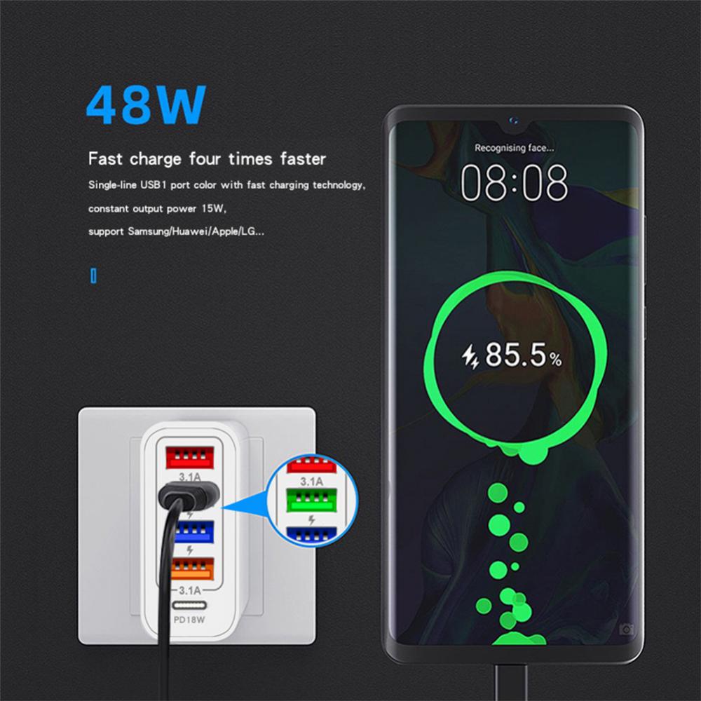 Type-c 48W Five-in-one Mobile Phone Charger 4 USB+PD Tablet Charging Head Quick Charge Technology Multi-Device Charging Head