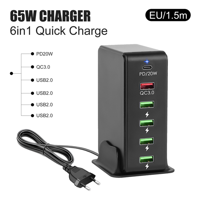 6 in 1 65W GaN USB Fast Charger with PD 20W QC3.0 USB2.0 Ports Quick Charging Power Adapter for IPhone Samsung MacBook