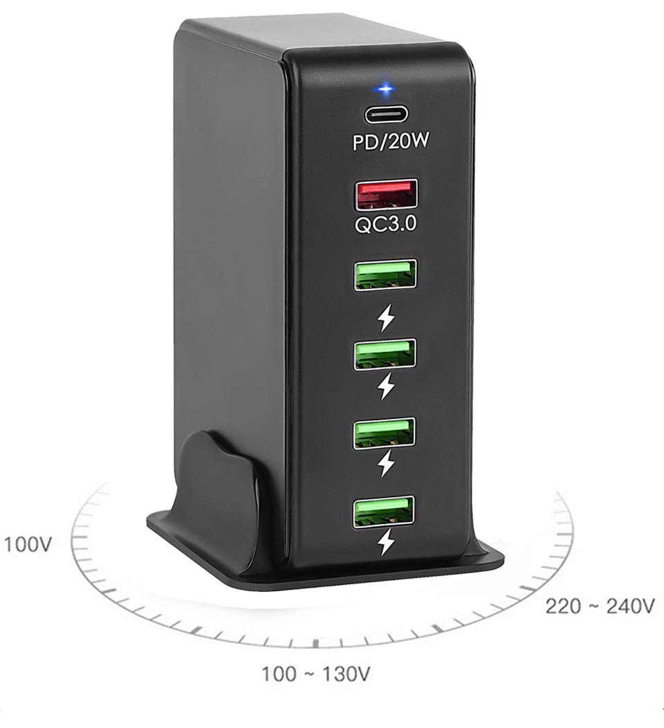6 in 1 65W GaN USB Fast Charger with PD 20W QC3.0 USB2.0 Ports Quick Charging Power Adapter for IPhone Samsung MacBook