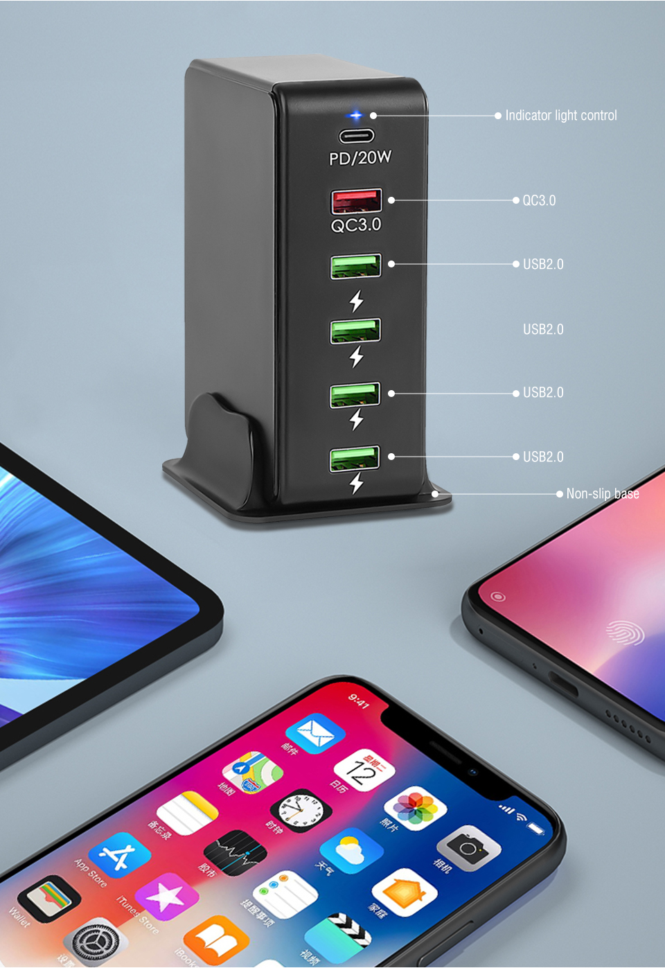 6 in 1 65W GaN USB Fast Charger with PD 20W QC3.0 USB2.0 Ports Quick Charging Power Adapter for IPhone Samsung MacBook