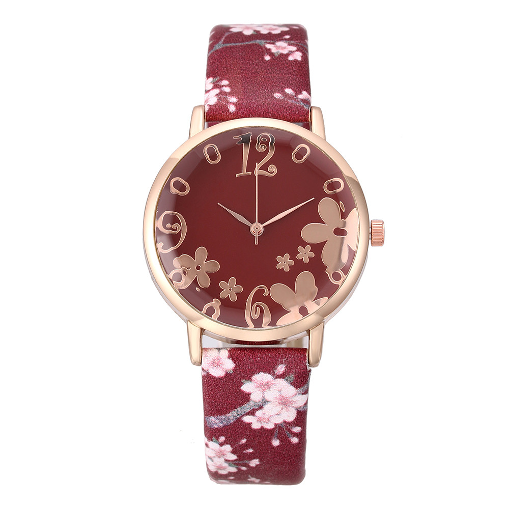 Girl Watch Fashion Embossed Flowers Small Fresh Printed Belt  Watch Female Student Quartz Watch