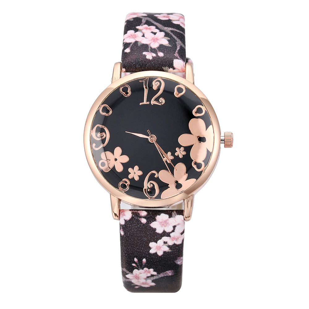 Girl Watch Fashion Embossed Flowers Small Fresh Printed Belt  Watch Female Student Quartz Watch