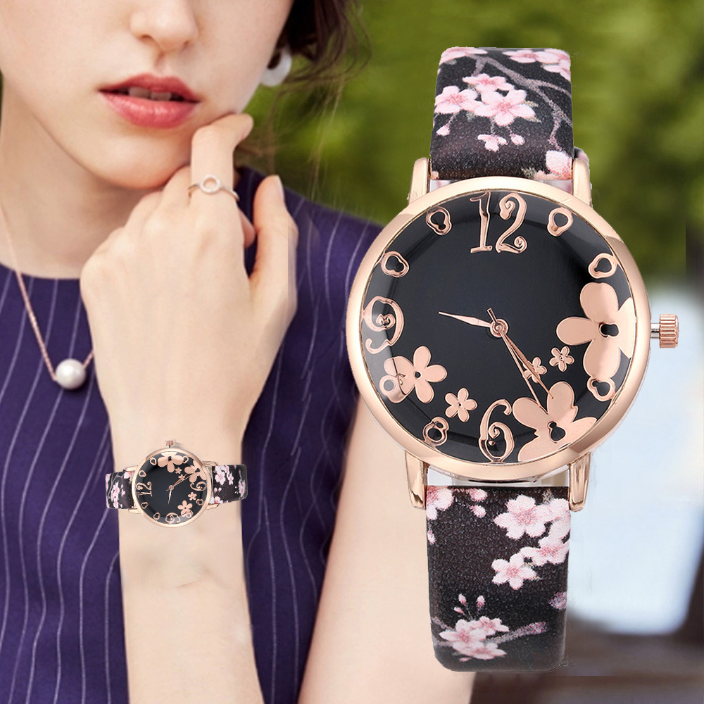 Girl Watch Fashion Embossed Flowers Small Fresh Printed Belt  Watch Female Student Quartz Watch