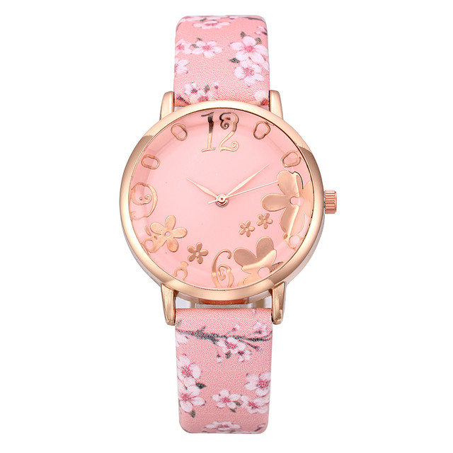 Girl Watch Fashion Embossed Flowers Small Fresh Printed Belt  Watch Female Student Quartz Watch