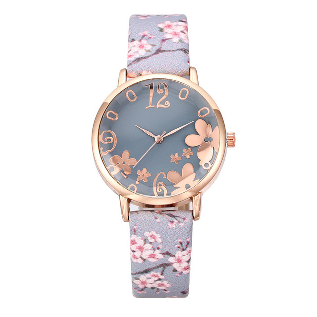 Girl Watch Fashion Embossed Flowers Small Fresh Printed Belt  Watch Female Student Quartz Watch