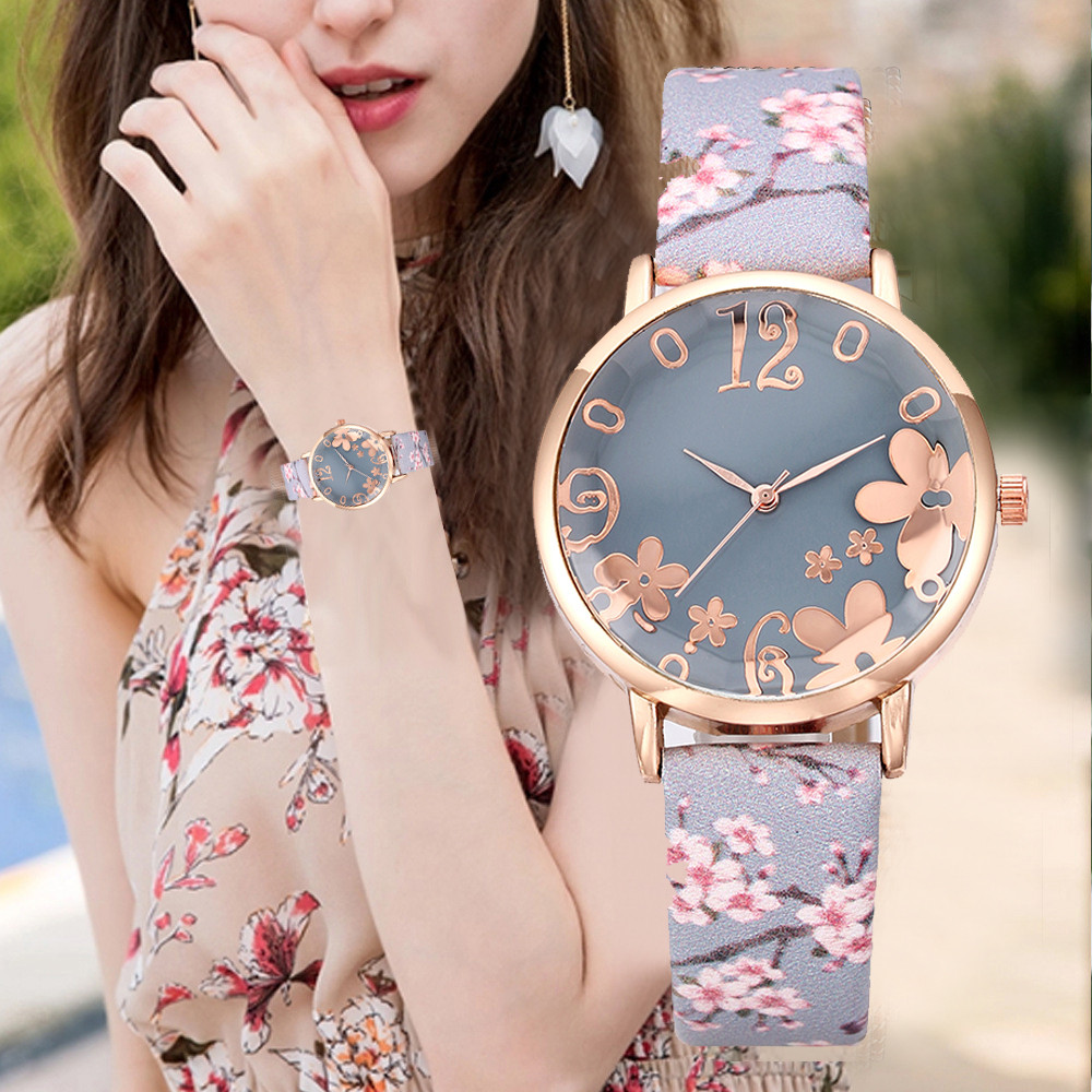 Girl Watch Fashion Embossed Flowers Small Fresh Printed Belt  Watch Female Student Quartz Watch