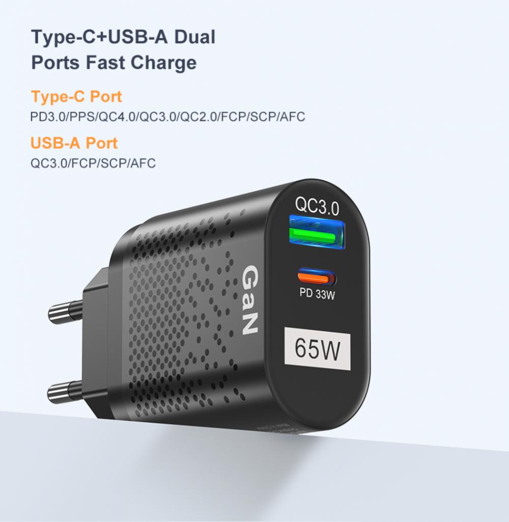 65W Gallium Nitride USB Charger PD Smart Fast Charging Cell Phone Charging Head QC3.0 Laptop Universal Quick Gan Charging Source
