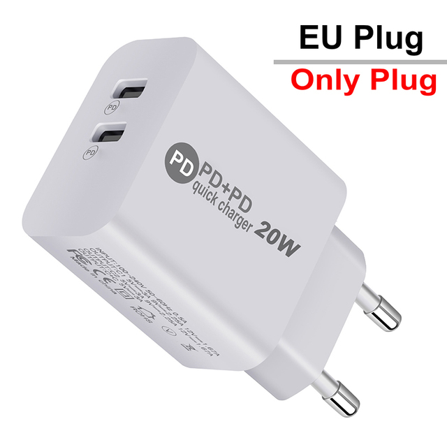 For IPhone 13 12 XS 8 Xiaomi Mobile Phone type-C PD Charger 20W   Charger Quick Charging Head Wall Socket Double Hole
