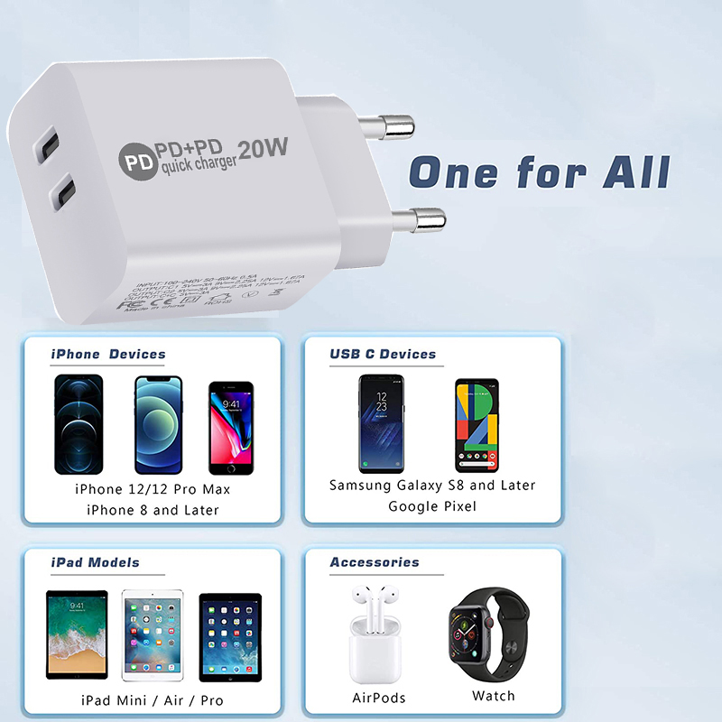 For IPhone 13 12 XS 8 Xiaomi Mobile Phone type-C PD Charger 20W   Charger Quick Charging Head Wall Socket Double Hole
