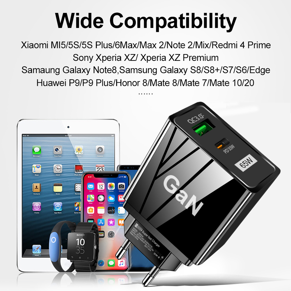 65W USB Charger PD Smart Fast Charging Cell Phone Charging Head for iPhone QC3.0 Laptop Quick Gan Charging USB Type C