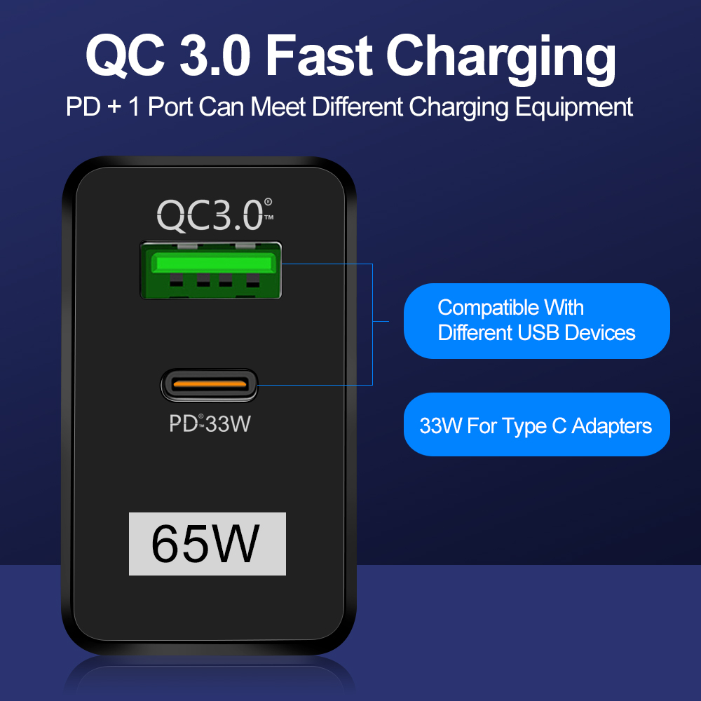 65W USB Charger PD Smart Fast Charging Cell Phone Charging Head for iPhone QC3.0 Laptop Quick Gan Charging USB Type C