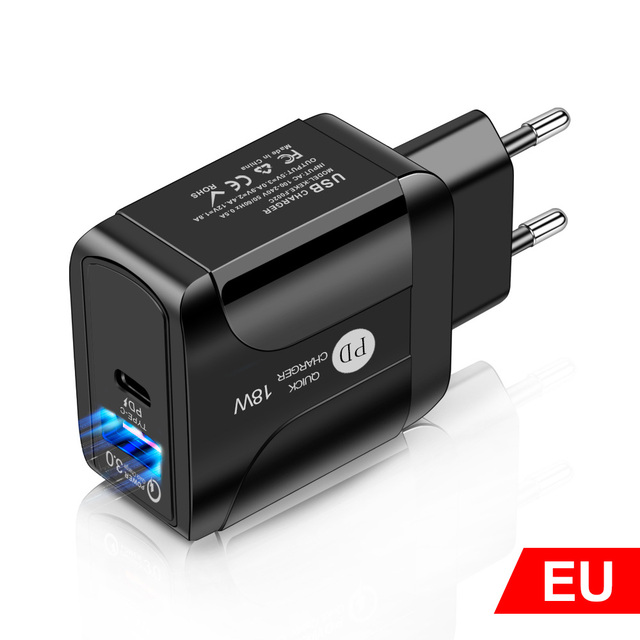 EU Plug USB/Type-C Fast Charger Portable 18W Phone Adapter Smart Charging Head For iPhone12 Samsung Xiaomi Quick Charge