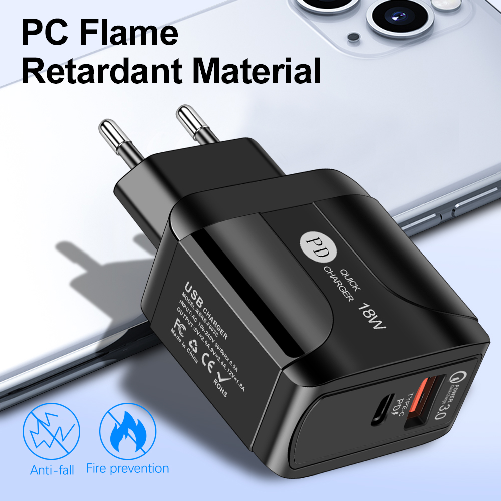 EU Plug USB/Type-C Fast Charger Portable 18W Phone Adapter Smart Charging Head For iPhone12 Samsung Xiaomi Quick Charge