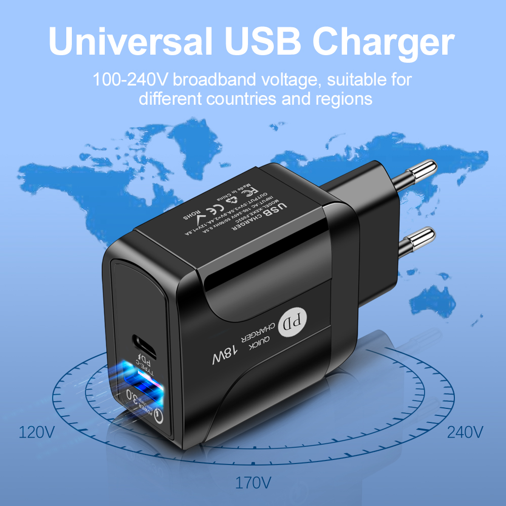 EU Plug USB/Type-C Fast Charger Portable 18W Phone Adapter Smart Charging Head For iPhone12 Samsung Xiaomi Quick Charge