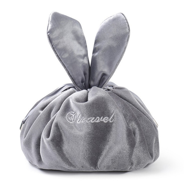 Cosmetic Bag Round Velvet Soft Makeup Bag Drawstring Rabbit Ear Travel Make Up Organizer Female Storage Toiletry Beauty Kit Case