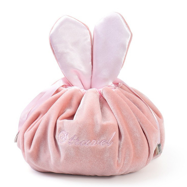 Cosmetic Bag Round Velvet Soft Makeup Bag Drawstring Rabbit Ear Travel Make Up Organizer Female Storage Toiletry Beauty Kit Case