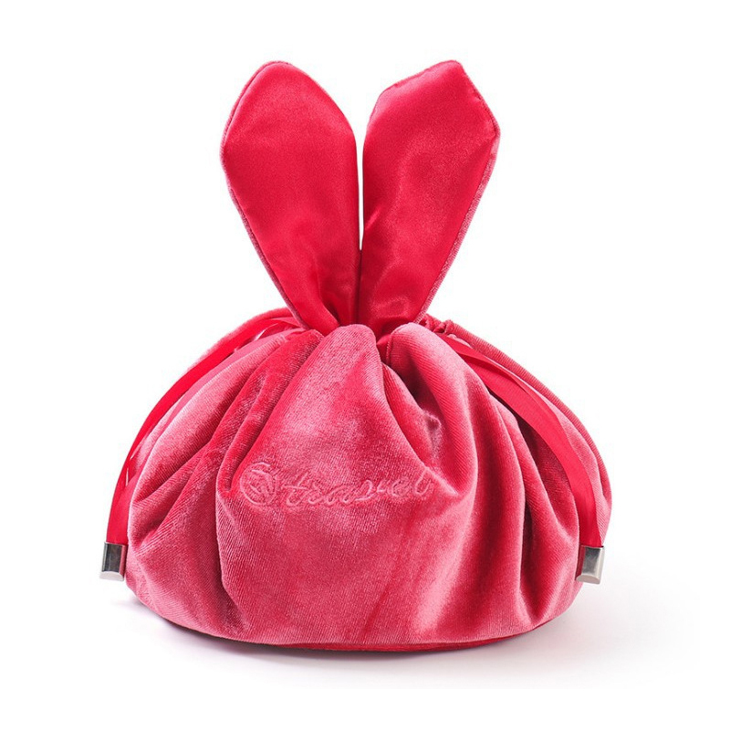 Cosmetic Bag Round Velvet Soft Makeup Bag Drawstring Rabbit Ear Travel Make Up Organizer Female Storage Toiletry Beauty Kit Case