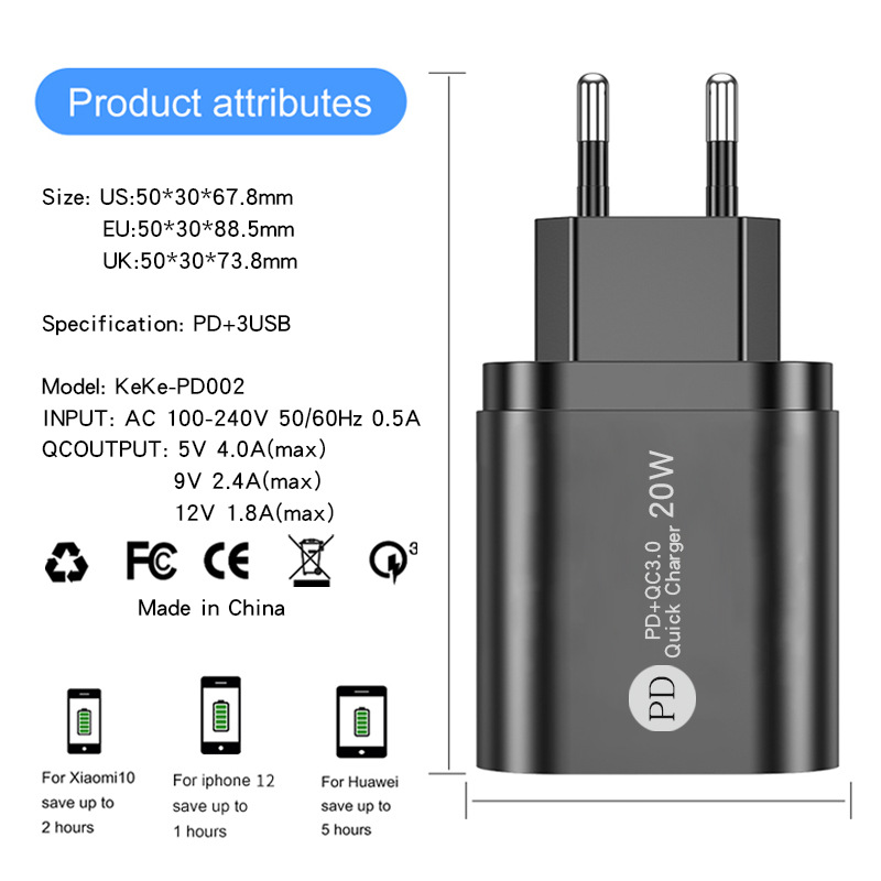 QC3.0 PD 20w Fast Charger Type-c USB Charging Head for Samsung Iphone Phone Huawei Xiaomi Apple IOS Android Applied Quic 5V 4A