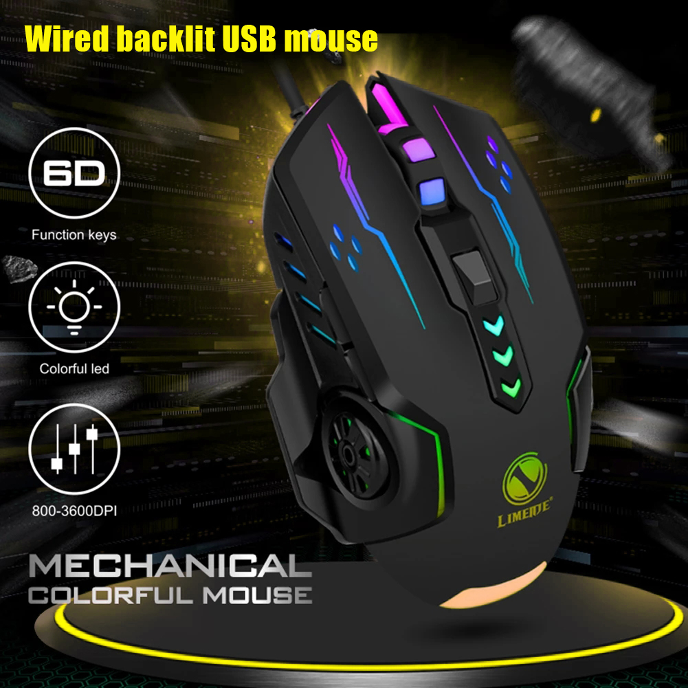 3600dpi USB Wired Gaming Mouse 6 Buttons Backlit E-sports Mice 6D Colorful LED Light Glowing Mouse For Laptop PC Computer Gamer