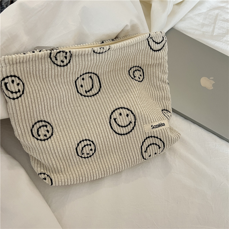 Japanese Style Corduroy Cosmetic Bag Women Handbags Purses Smile Makeup Organizer Storage Makeup Bag Girls Pencil Case Bags