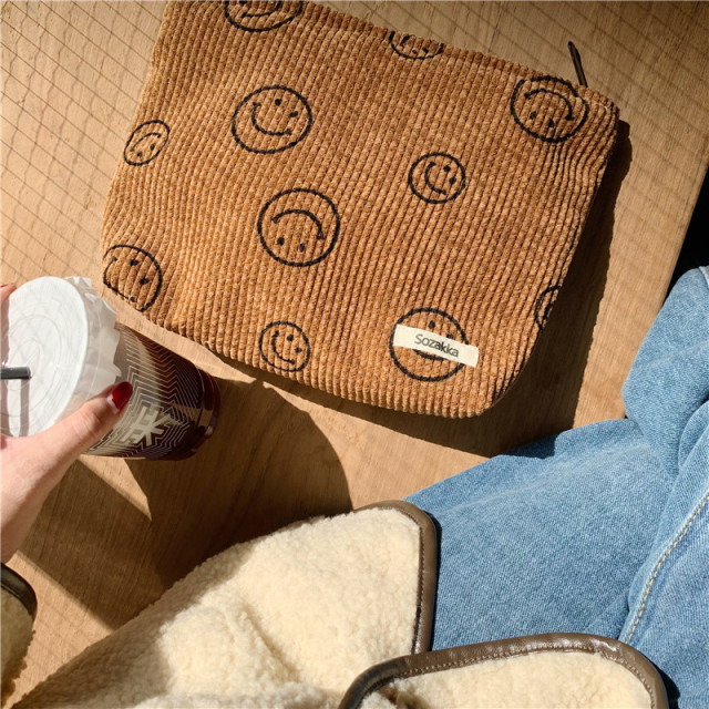 Japanese Style Corduroy Cosmetic Bag Women Handbags Purses Smile Makeup Organizer Storage Makeup Bag Girls Pencil Case Bags