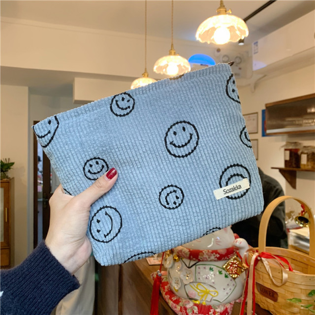 Japanese Style Corduroy Cosmetic Bag Women Handbags Purses Smile Makeup Organizer Storage Makeup Bag Girls Pencil Case Bags