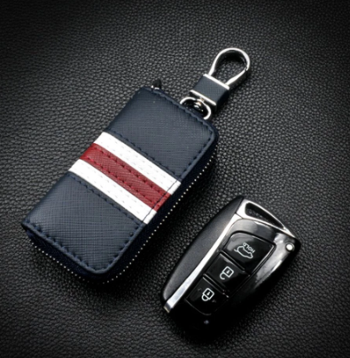 Leather Striped Zipper Bag Car Key Case Universal Personalized Customized Remote Control Case for Men and Women (Blue)