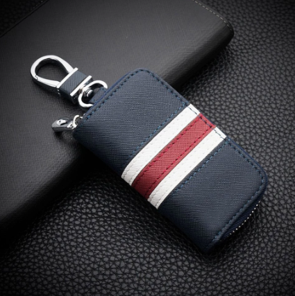 Leather Striped Zipper Bag Car Key Case Universal Personalized Customized Remote Control Case for Men and Women (Blue)