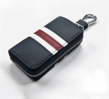 Leather Striped Zipper Bag Car Key Case Universal Personalized Customized Remote Control Case for Men and Women (Blue)