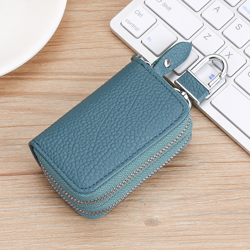 Large Capacity Multi-Functional Double Zipper Bags First Layer Cattle Leather Genuine Cowhide Car Key Case