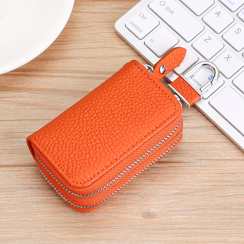 Large Capacity Multi-Functional Double Zipper Bags First Layer Cattle Leather Genuine Cowhide Car Key Case