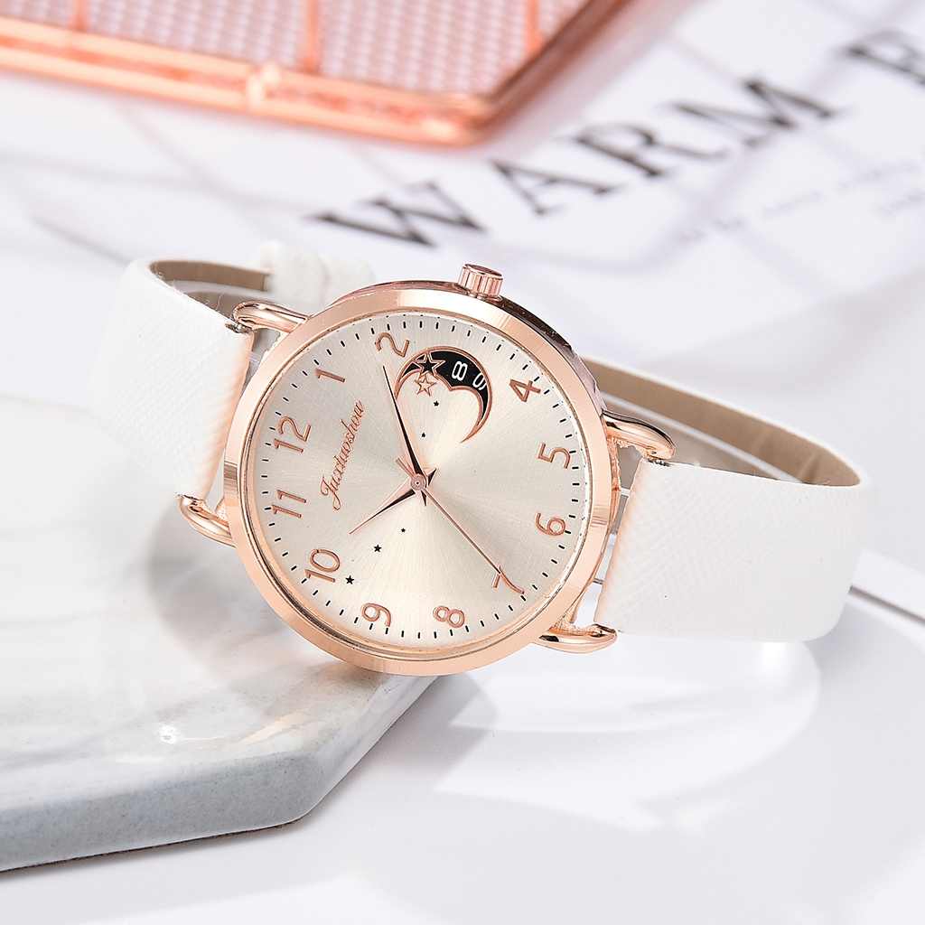 Women Watch Moon Dial Fashion Ladies Leather Band Quartz Wristwatch