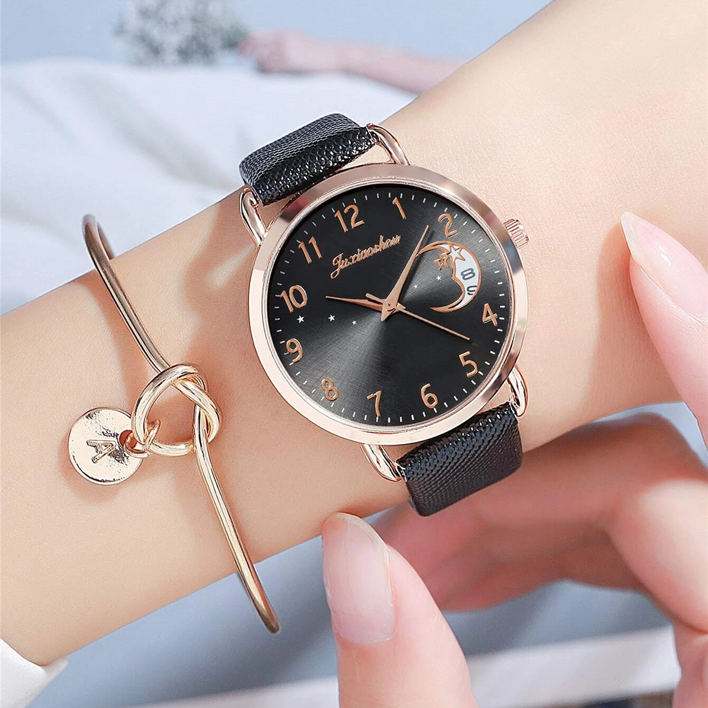 Women Watch Moon Dial Fashion Ladies Leather Band Quartz Wristwatch