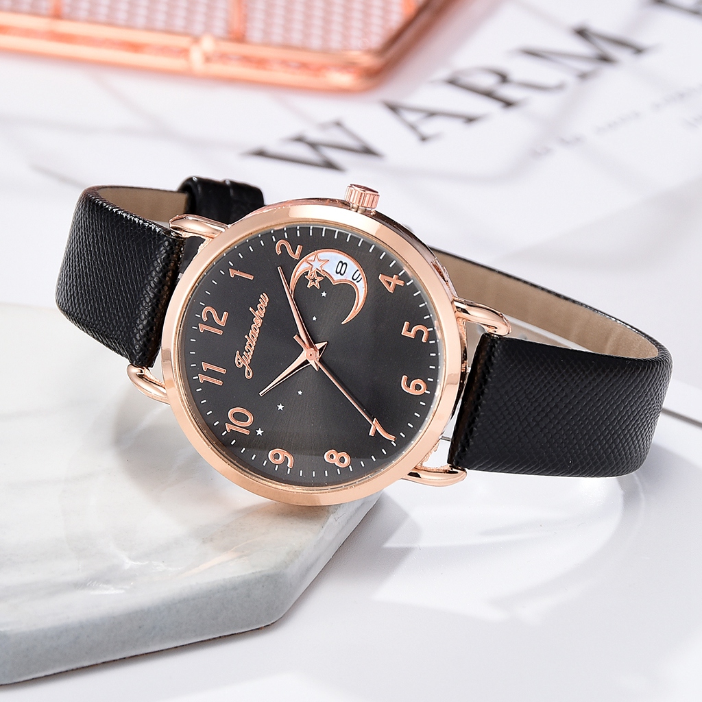 Women Watch Moon Dial Fashion Ladies Leather Band Quartz Wristwatch