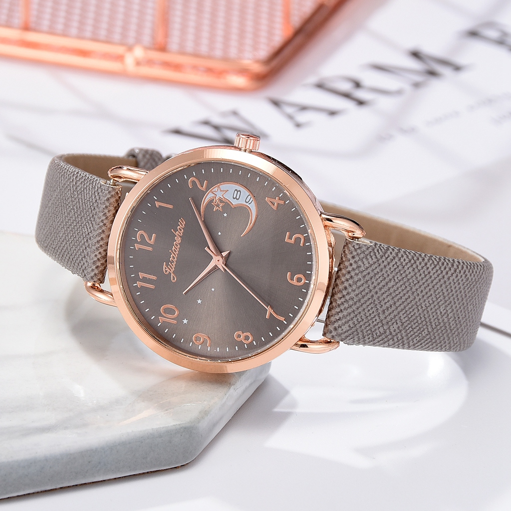 Women Watch Moon Dial Fashion Ladies Leather Band Quartz Wristwatch
